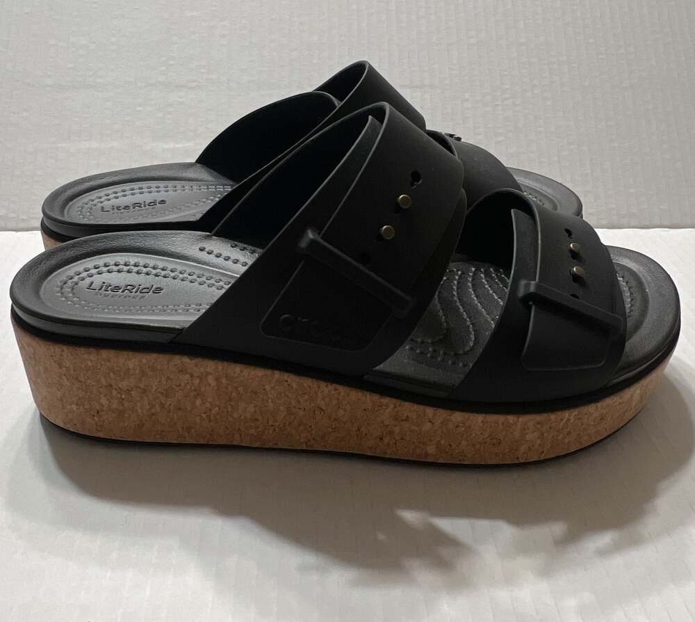 Crocs Brooklyn Cork Buckle Women's Black Platform Wedge Sandal Size W9 NWT